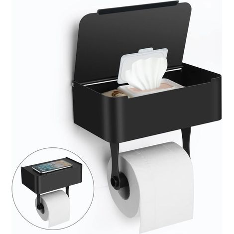 Porte-papier hygiénique avec étagère, support mural en acier inoxydable SUS304/support de papier hygiénique adhésif, distributeur de lingettes jetables pour le rangement des lingettes de salle de bain (1/5)