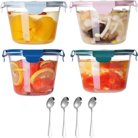 Lot de 4 Boîtes Repas Verre 800ml, Couvercle Hermétique, Cuillère Inox, Micro-Ondes Congélateur, Meal Prep (1/5)