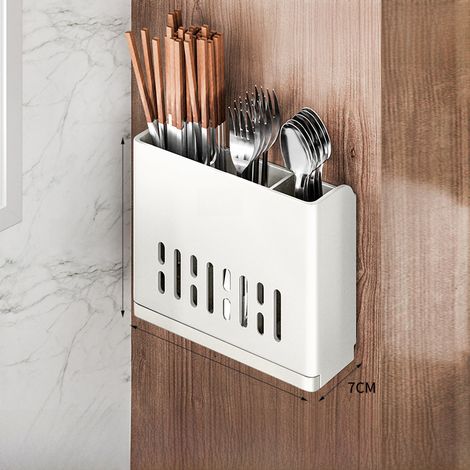 Soporte ligero de pared para palillos, con espacio para guardar palillos y escurridor para cucharas, cuchillos y tenedores (blanco, 3 compartimentos).