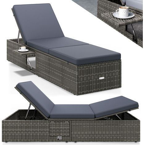 CASARIA® Sonnenliege mit Klapptisch Wetterfest 7cm Auflagen Gartenliegen 160kg Belastbar 7-fach Verstellbar Liegestuhl Polyrattan 200x58cm  Grau Anthrazit