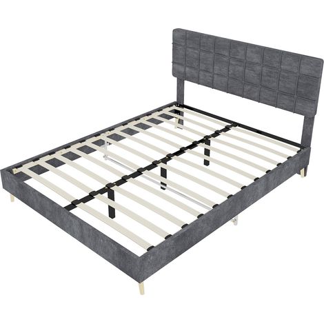 Cama doble gris de tela 160 x 200 cm con cabecero capitoné a cuadros, colchón incluido (1/5)