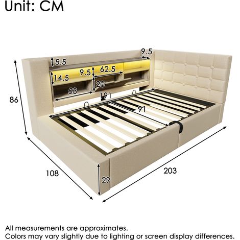 Lit rembourré 90x190 cm Lit simple avec éclairage LED, rangement hydraulique, tête de lit en L avec rangement, montable des deux côtés, base à lattes, tissu en lin, beige (sans matelas)