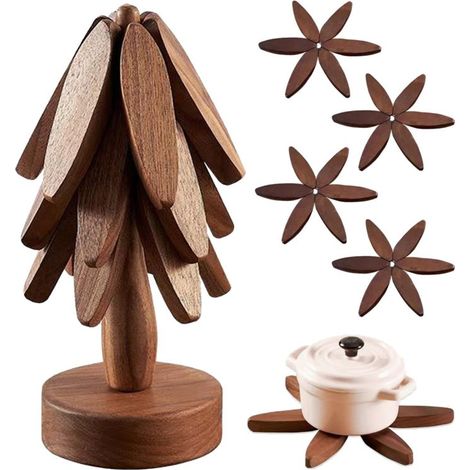 Ensemble de coussins isolants thermiques en bois en forme d'arbre avec support, pouvant être utilisé pour protéger les casseroles et les bols à café. (1/5)