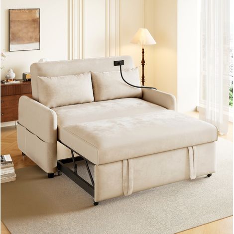 canape lit convertible 2 places chenille beige USB OKMYHOME (1/5)
