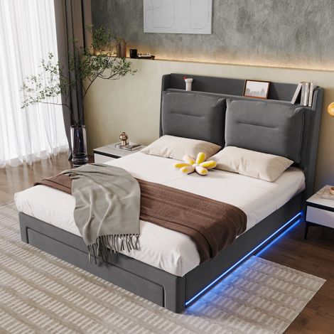 Velvet Upholstered Double Bed 135190cm with Hydraulic Storage,LED Lights,and Slatted Frame in Dark Gray