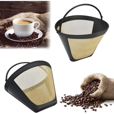 2 pièces filtre à café taille 4 filtre à café permanent filtre à café en acier inoxydable panier en maille filtre doré lavable filtre à café permanent en plastique réutilisable avec poignée pour la pl (1/5)