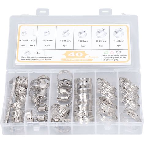 Kit de 40 colliers de serrage pour tuyaux et tubes, 6 à 29 mm, 5 types différents, en acier inoxydable. (1/5)