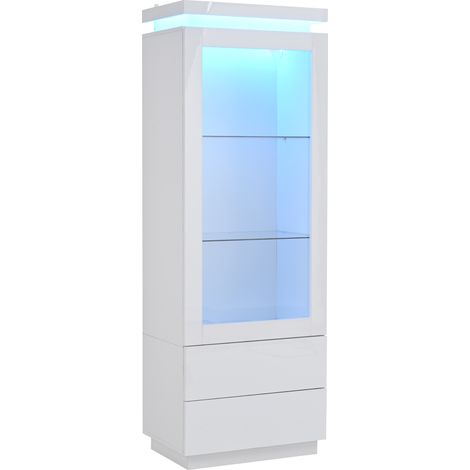 CAIziVitrine 6040171cm, armoire haute avec 2 tiroirs, armoire vitrine haute brillance avec LED, étagère et vitrine, meuble de salon avec portes vitrées et porte rabattable, blanc