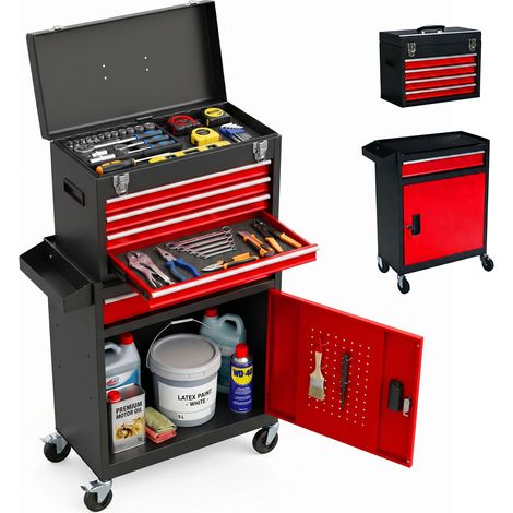 Relaxdays Carrello officina 5 cassetti + cassetta rimovibile, con serratura, 104x59,5x28 cm, ruote, acciaio, nero-rosso