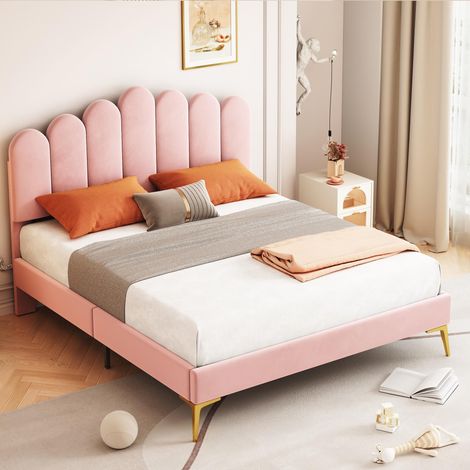 Lit double capitonné 140x200 cm, avec tête de lit en forme de doigt, sommier à lattes, cadre en métal, lit adulte en velours - Rose (1/5)