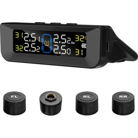 Sistema inalámbrico solar de monitoreo de presión de neumáticos LIFCAUSAL con pantalla LCD, alarma por voz, 6 modos de alerta y 4 sensores externos para monitoreo en tiempo real. (1/5)