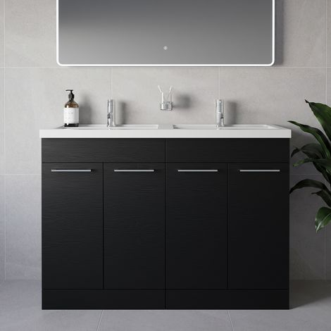 Napoli 390 Nero Oak 1200mm 4 Door Vanity Unit with Double Lucia Basins - 1200mm - Chrome 160mm Handle