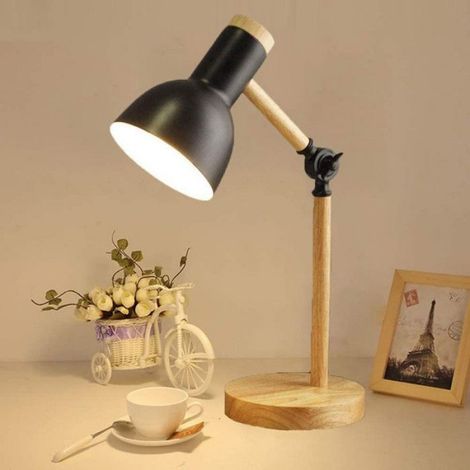 Lampe De Chevet - Lampe De Bureau En Bois Avec Abat-jour En Métal - Hauteur Réglable Jusqu'à 45 Cm - Pour Bureau Salon Chambre - 1 Pièce (1/2)