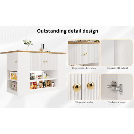 Îlot de cuisine blanc en MDF et métal avec plateau rabattable, tiroirs et étagères réglables pour cuisine et salle à manger (1/5)