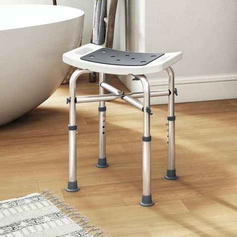 Tabouret de douche chaise de douche - assise rembourré et réglable. patins à ventouses antidérapants. en aluminium gris