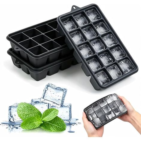 Lot de 3 bacs à glaçons en silicone, 15 bacs à glaçons carrés avec couvercle, moules à glaçons en silicone, faciles à démouler, réutilisables et sans BPA, pour whisky, cocktails et boissons (noir) (1/5)