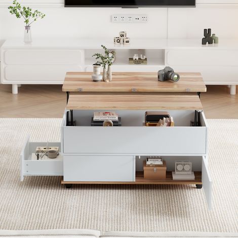 Mesa de centro elevable 100 x 98 x 65 cm con almacenamiento, blanco/madera HAVRYA (1/5)