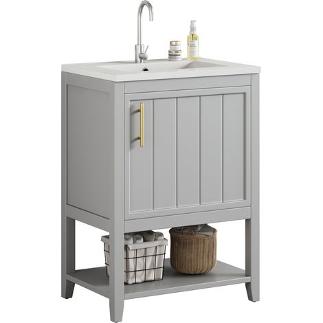 Meuble sous vasque 60 cm avec lavabo céramique, meuble de salle de bain sur pied avec étagères, MDF gris, rangement pratique et design moderne - CHICFURN (1/5)