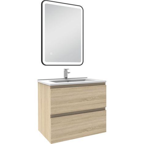 Ocean Meuble Salle de Bain 60cm Chêne Wotan simple vasque + miroir lumineux 3 couleurs + dimmable