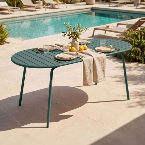 Table de jardin ovale 184x90x73 cm en métal vert sapin - BACA (1/5)