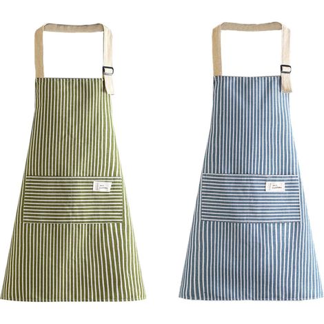 Conjunto de 2 delantales ajustables con bolsillo, para usar en la cocina, jardín, restaurante, barbacoa, cafetería, verde y azul.
