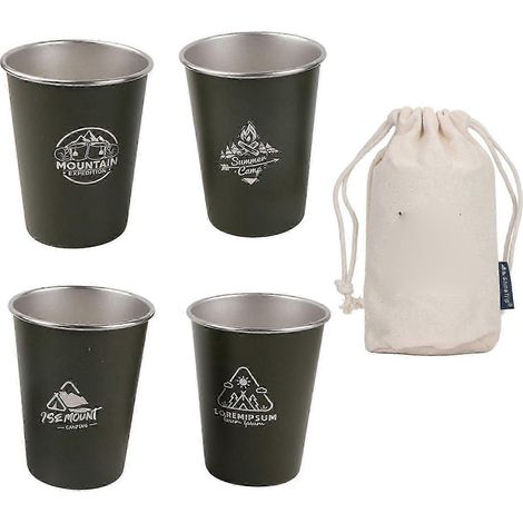 Lot de 4 gobelets/tasses à café/bouteilles de 350 ml en acier inoxydable 304, parfaits pour les barbecues, la bière, les voyages et les activités de plein air. Couleur vert militaire. (1/5)