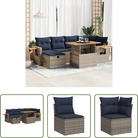 Gartentisch - 7-tlg. Garten-Sofagarnitur mit Kissen Grau Poly Rattan (1/5)