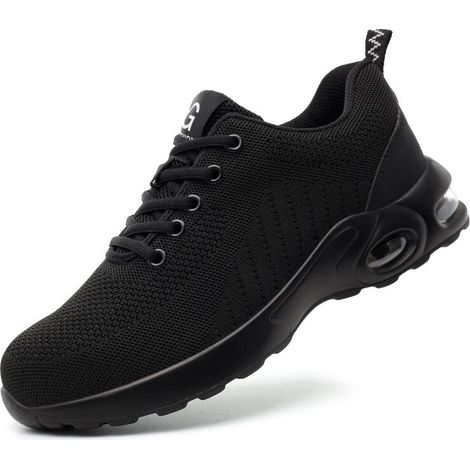 RHG Chaussures de sécurité à coussin d'air pour hommes et femmes, baskets légères, antidérapantes, respirantes, lacets de travail, bout en acier, noires, taille 43 (1/5)