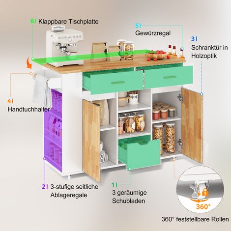 Isla de cocina móvil con encimera abatible, carrito de cocina y armario de almacenamiento con especiero de 3 niveles, 3 cajones grandes y ruedas con freno, 120 × 45(71) × 90 cm (1/5)