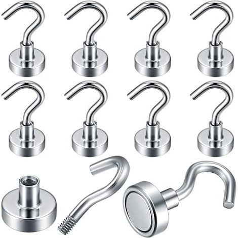 10 Pièces Crochets Magnétiques Extra Forts, Crochet Aimants Néodyme Argent Puissants, pour Plafond, Salle de Bain, Cuisine, Serviette, Garage, Réfrigérateur - (1/5)