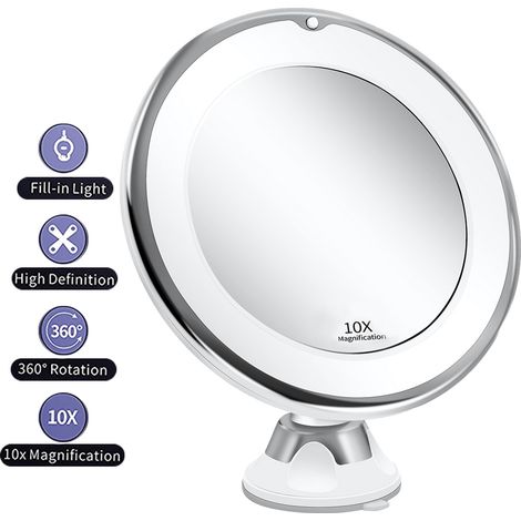 Miroir de maquillage grossissant x10 avec éclairage LED lumière du jour, rotation 360°, contrôle tactile, ventouse puissante verrouillable, miroir cosmétique pour salle de bain, coiffeuse, maison et v