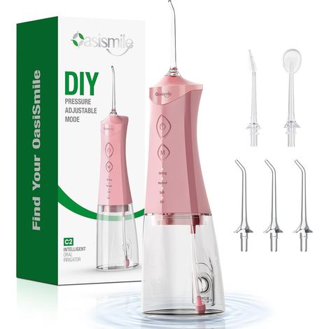 C2 Jet Dentaire Hydropulseur, Irrigateur Oral Portable 350 ML pour Maison, Voyage et Orthodontie, 4 Modes avec Pression Réglable DIY, 5 Embouts Rotatifs à 360°, Étanche IPX7,Rose (1/5)