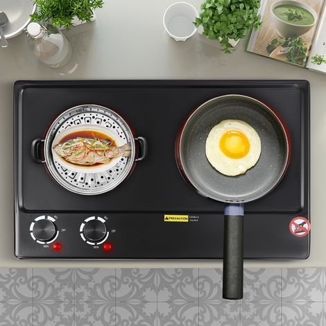 Horno eléctrico de doble cabezal de 27,5 pulgadas, equipado con dos quemadores de 2500 vatios y un regulador de temperatura de 6 niveles. (1/5)