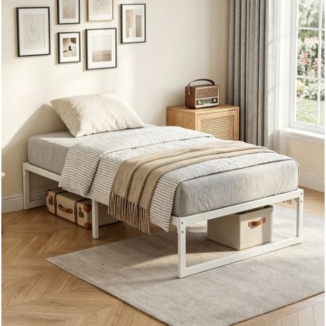 Letto singolo 200x90x32.5 cm bianco in metallo con rete a doghe e vano contenitore (1/5)