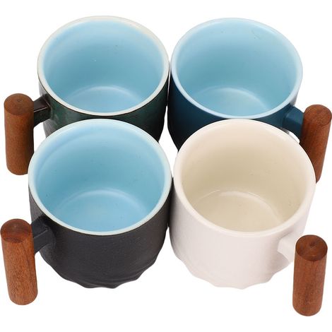 4pcs Tasses Café Poignée Bois 70ml Céramique Thé Hauteur 1.9in Diamètre 2.1in – Maison Bureau Noir Blanc Bleu Vert (1/3)