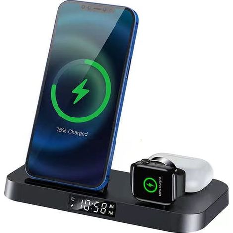 Caricabatterie wireless 4 in 1 con orologio digitale 15 w - nero