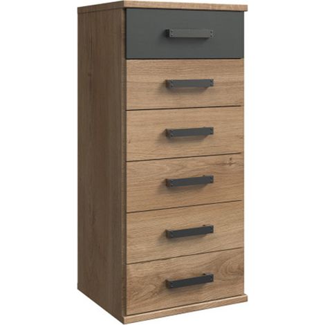 Commode meuble de rangement coloris imitation chêne poutre/graphite - Longueur 46 x Hauteur 103 x Profondeur 40 cm -PEGANE-