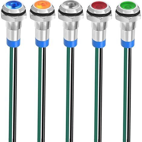 5pcs 8mm 3V-4.5V-5V-6V-7.5V-9V LED Métal Indicateur Lampe de Signalisation Étanche avec Fil (Rouge/Orange/Bleu/Vert/Blanc) (1/5)