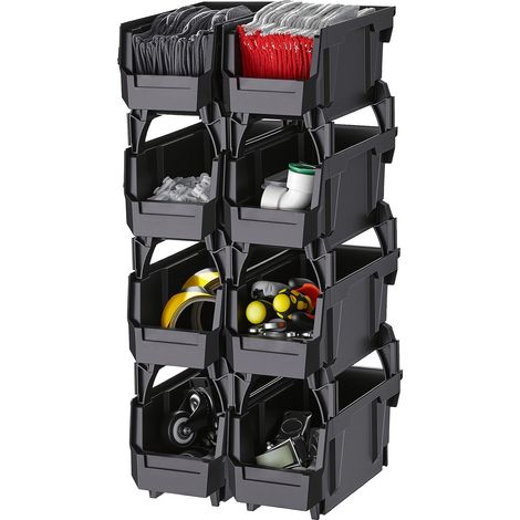 Bac à Bec Empilable Lot de 8 Bacs de Rangement Plastique 27,6 x 14 x 13 cm Boites de Rangement Empilables pour Atelier, Garage, Petites Pièces, Fournitures de Bureau et Autres Accessoires, Noir (1/5)