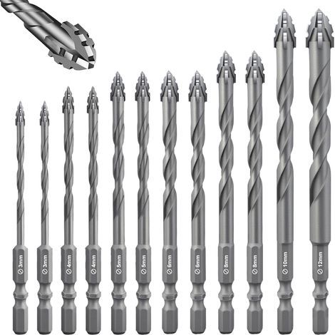 Flintronic Fliesenbohrer-Set, 12-teilig, Fliesenbohrer, professionelle Hartmetall-Kreuzbohrer, Sechskant-Fliesenbohrer für Glas, Metall, Ziegel, Kunststoff, Holz (1/5)
