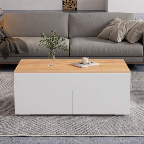 Table basse relevable 100x50 cm blanche et bois avec 2 tiroirs, rangement caché, plateau élévateur, meuble salon multifonction (1/5)