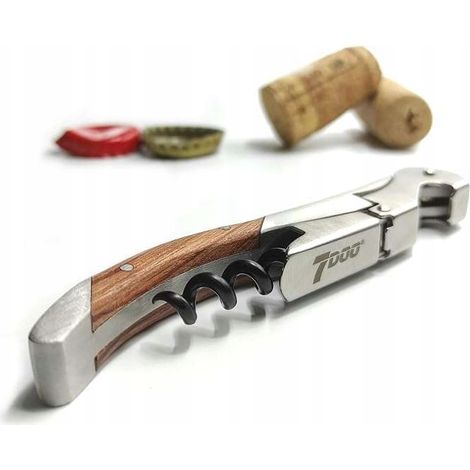 Sacacorchos y abridor de vino 3 en 1, cuchillo de acero inoxidable y madera rosa.