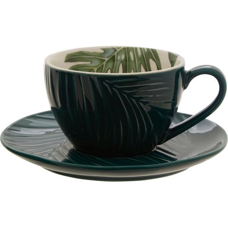Interiors By Premier Green Cup & Saucer,Tropical Leaf Design on Porcelain Cup & Saucer,Glazed Finish Set of 2 With White Inner (1/5)