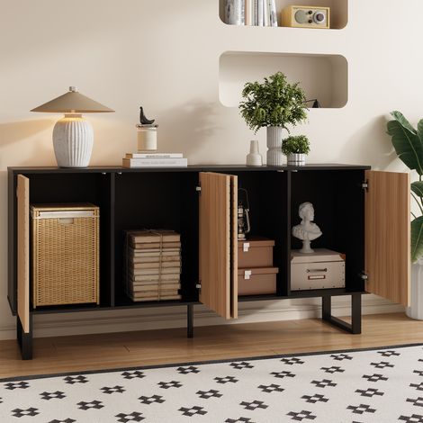 Sideboard mit 3 Türen und Offenen Fächern, 3D Streifenfront, für Wohnzimmer und Flur, MDF, Schwarz und Natur, 160×38×75 cm (1/5)