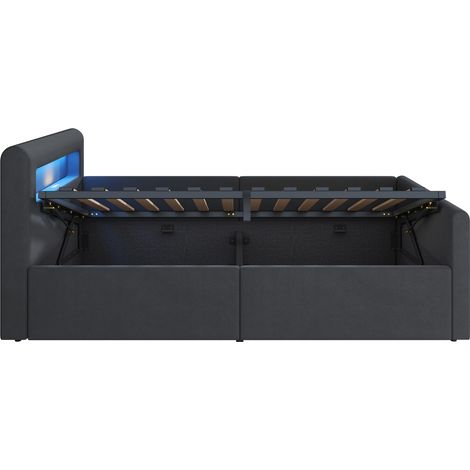 Lit enfant rembourré 90 x 200 cm avec LED, port USB, rangement hydraulique, velours gris foncé (1/5)