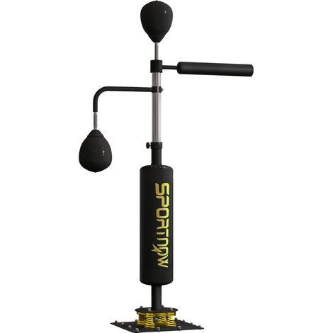 Support de boxe robuste en acier, équipé de deux speed balls, d'une barre de frappe rotative et de coussins de frappe. Hauteur réglable de 140 à 205 cm. Dimensions : 107 x 36 x 140-205 cm. Couleur : n