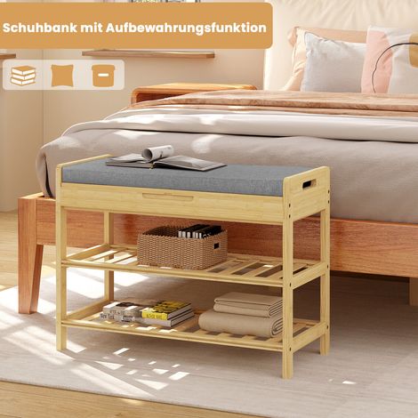 WOLTU Schuhbank mit Sitzfläche Schuhregal Schuhschrank aus Bambus Schuhablage mit Sitzfläche, mit 2 Schuhablagen 1 geschlossenem Staufach für Eingang Flur Wohnzimmer Schlafzimmer 68x50x30cm (1/5)