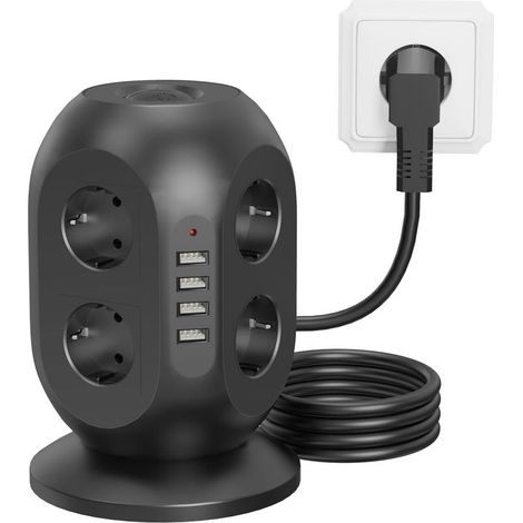 Multiprise 8 prises avec 2 ports USB, protection contre les surtensions (2160J), rallonge de 2 mètres, double interrupteur pour la maison et le bureau(Noir) (1/5)