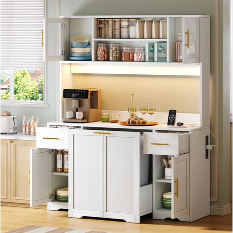 Buffet de cuisine avec rangement, tiroirs, vitrine, poubelle coulissante, LED RGB et prises, 140x40x173 cm, MDF blanc (1/5)