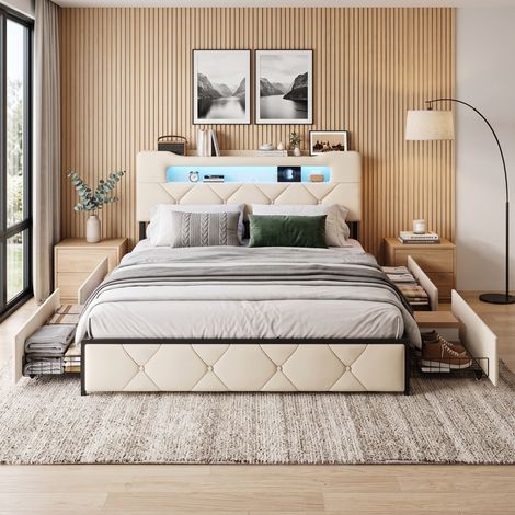 Superaly Lit double capitonné 140 x 190 cm, Lit coffre avec 4 Tiroirs, Rangement dans la tête de lit, Éclairage LED, Port USB, Sommier à lattes, Adapté aux adolescents et adultes, Velours, Beige (1/5)